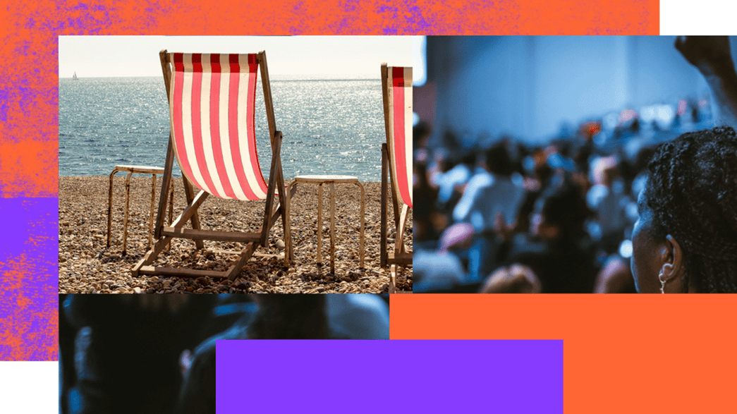 Collage of images of an audience and a beach
